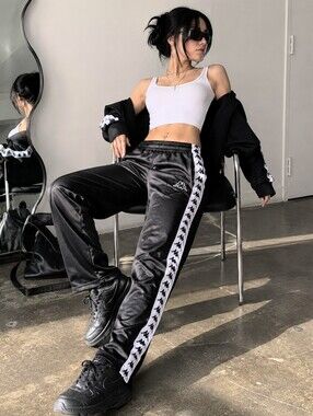 Kappa Banda Track Pants Black White Omini Logo Side Tape Y2K Streetwear Joggers